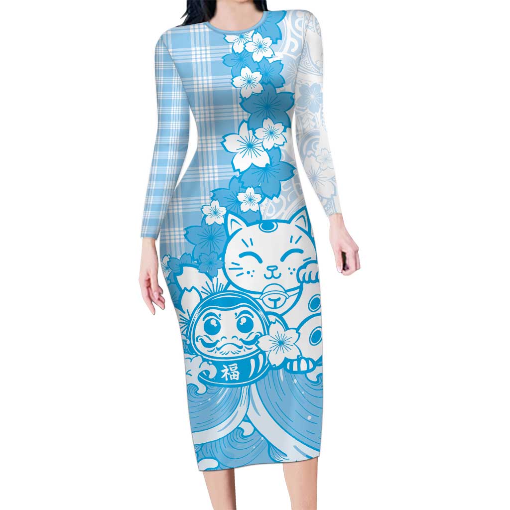 Blue Palaka Hawaiian And Japanese Family Matching Long Sleeve Bodycon Dress and Hawaiian Shirt Maneki Neko And Sakura Bloom DT05 Mom's Dress Blue - Polynesian Pride