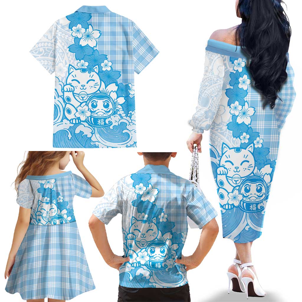 Blue Palaka Hawaiian And Japanese Family Matching Off The Shoulder Long Sleeve Dress and Hawaiian Shirt Maneki Neko And Sakura Bloom DT05 - Polynesian Pride