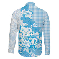 Blue Palaka Hawaiian And Japanese Family Matching Off The Shoulder Long Sleeve Dress and Hawaiian Shirt Maneki Neko And Sakura Bloom DT05 - Polynesian Pride