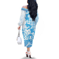 Blue Palaka Hawaiian And Japanese Family Matching Off The Shoulder Long Sleeve Dress and Hawaiian Shirt Maneki Neko And Sakura Bloom DT05 - Polynesian Pride