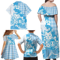 Blue Palaka Hawaiian And Japanese Family Matching Off Shoulder Maxi Dress and Hawaiian Shirt Maneki Neko And Sakura Bloom DT05 - Polynesian Pride