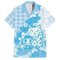 Blue Palaka Hawaiian And Japanese Family Matching Off Shoulder Maxi Dress and Hawaiian Shirt Maneki Neko And Sakura Bloom DT05 Dad's Shirt - Short Sleeve Blue - Polynesian Pride