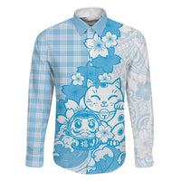 Blue Palaka Hawaiian And Japanese Family Matching Off Shoulder Maxi Dress and Hawaiian Shirt Maneki Neko And Sakura Bloom DT05 Dad's Shirt - Long Sleeve Blue - Polynesian Pride