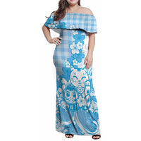 Blue Palaka Hawaiian And Japanese Family Matching Off Shoulder Maxi Dress and Hawaiian Shirt Maneki Neko And Sakura Bloom DT05 Mom's Dress Blue - Polynesian Pride