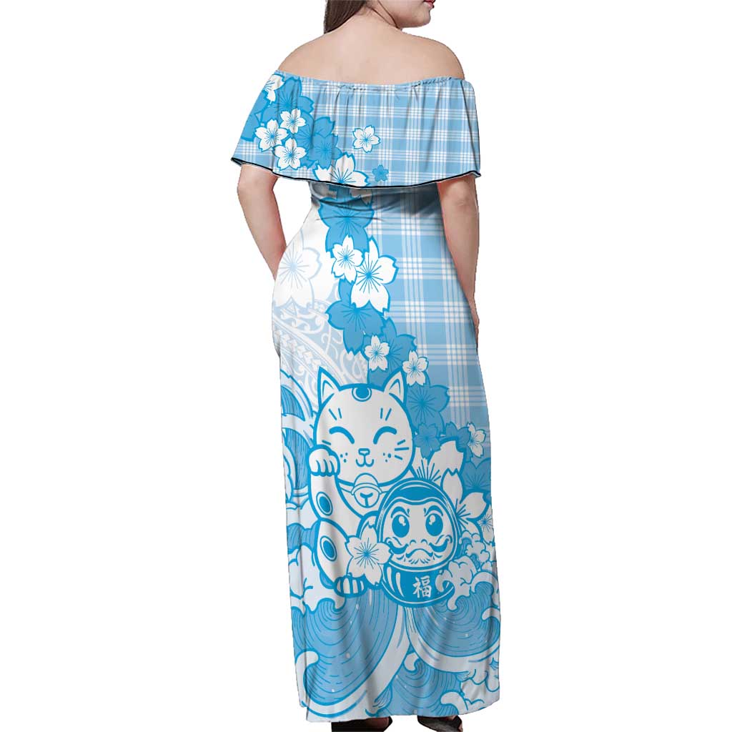 Blue Palaka Hawaiian And Japanese Family Matching Off Shoulder Maxi Dress and Hawaiian Shirt Maneki Neko And Sakura Bloom DT05 - Polynesian Pride