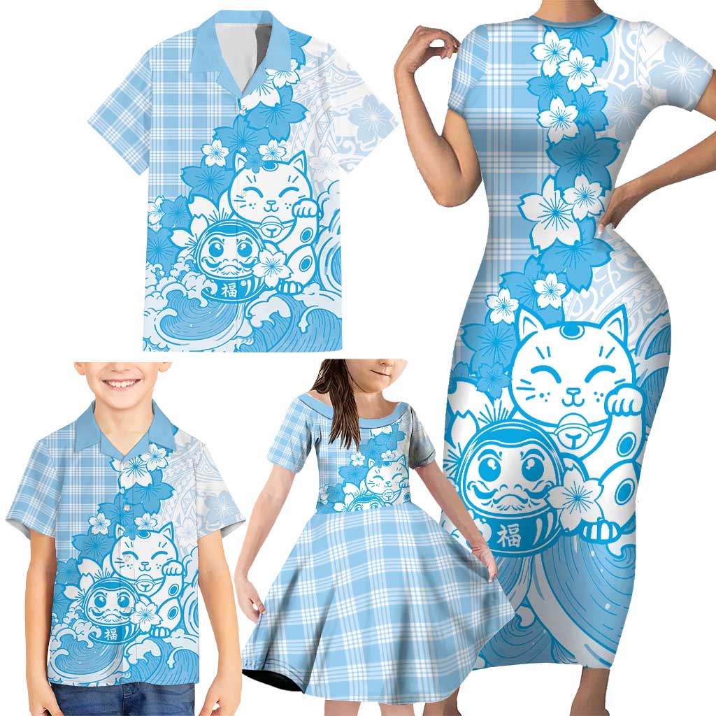 Blue Palaka Hawaiian And Japanese Family Matching Short Sleeve Bodycon Dress and Hawaiian Shirt Maneki Neko And Sakura Bloom DT05 - Polynesian Pride