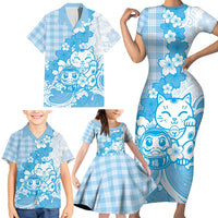 Blue Palaka Hawaiian And Japanese Family Matching Short Sleeve Bodycon Dress and Hawaiian Shirt Maneki Neko And Sakura Bloom DT05 - Polynesian Pride