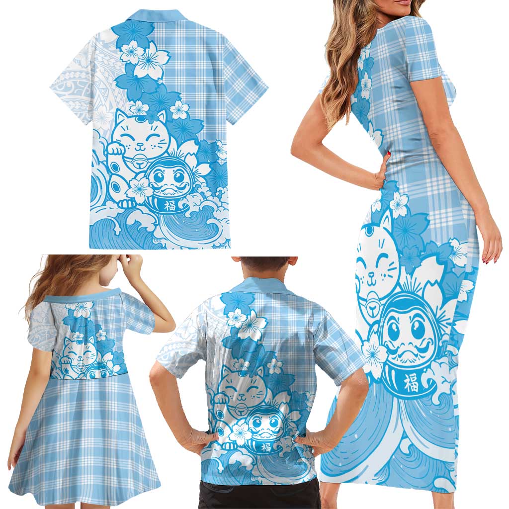 Blue Palaka Hawaiian And Japanese Family Matching Short Sleeve Bodycon Dress and Hawaiian Shirt Maneki Neko And Sakura Bloom DT05 - Polynesian Pride