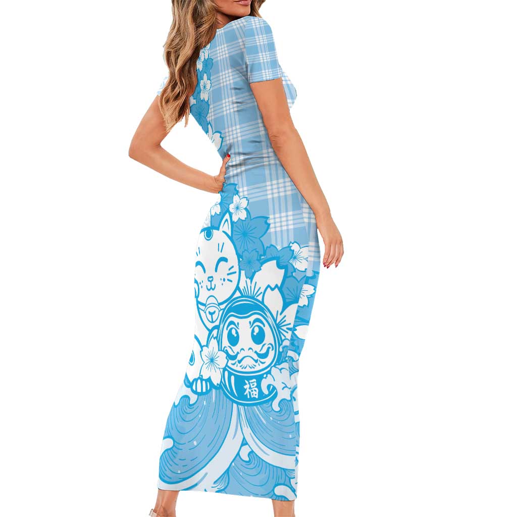 Blue Palaka Hawaiian And Japanese Family Matching Short Sleeve Bodycon Dress and Hawaiian Shirt Maneki Neko And Sakura Bloom DT05 - Polynesian Pride