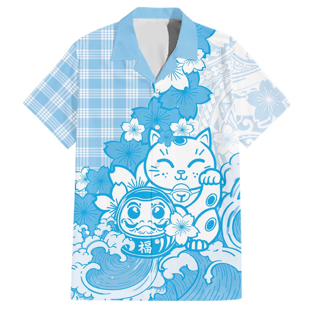 Blue Palaka Hawaiian And Japanese Family Matching Summer Maxi Dress and Hawaiian Shirt Maneki Neko And Sakura Bloom DT05 Dad's Shirt - Short Sleeve Blue - Polynesian Pride