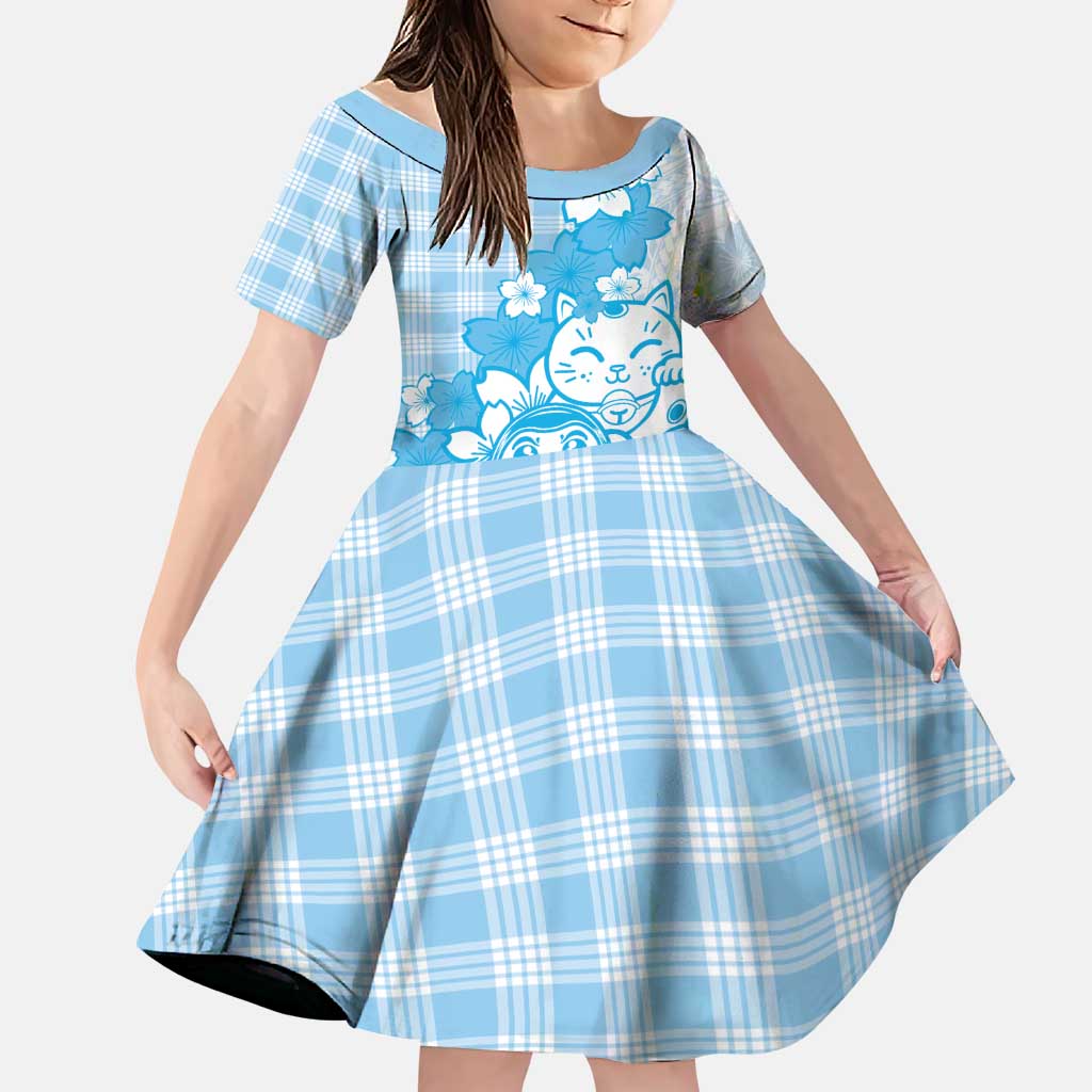 Blue Palaka Hawaiian And Japanese Family Matching Tank Maxi Dress and Hawaiian Shirt Maneki Neko And Sakura Bloom DT05 Daughter's Dress Blue - Polynesian Pride