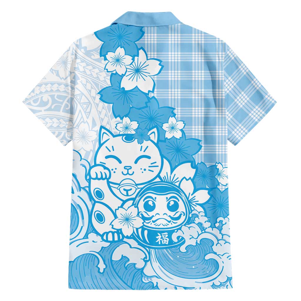 Blue Palaka Hawaiian And Japanese Family Matching Tank Maxi Dress and Hawaiian Shirt Maneki Neko And Sakura Bloom DT05 - Polynesian Pride