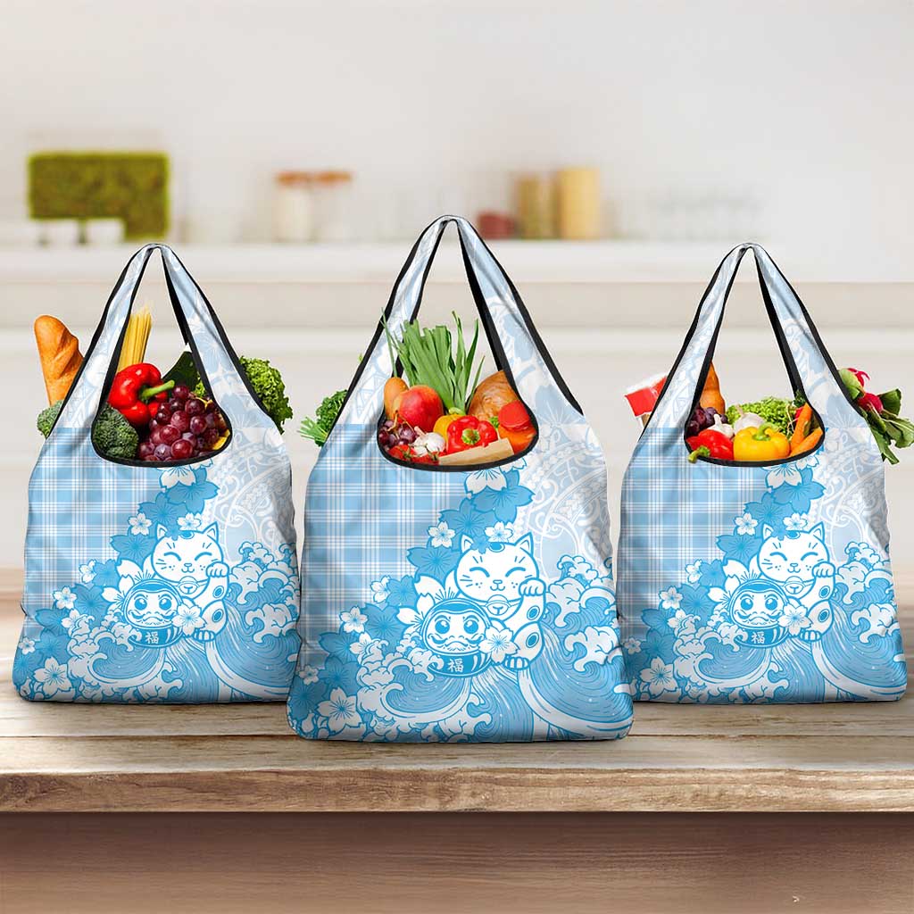 Blue Palaka Hawaiian And Japanese Grocery Bag Maneki Neko And Sakura Bloom