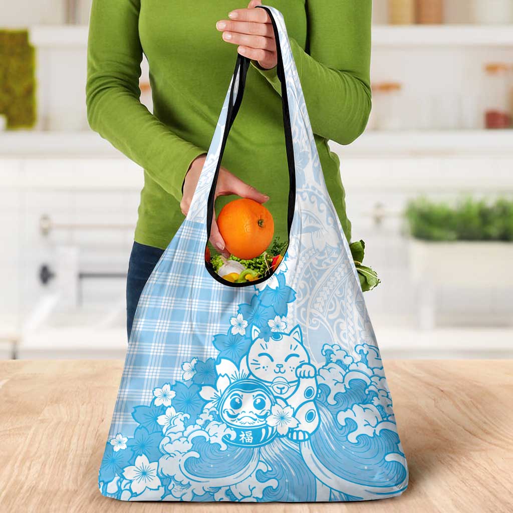 Blue Palaka Hawaiian And Japanese Grocery Bag Maneki Neko And Sakura Bloom