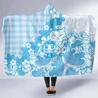 Blue Palaka Hawaiian And Japanese Hooded Blanket Maneki Neko And Sakura Bloom