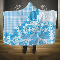 Blue Palaka Hawaiian And Japanese Hooded Blanket Maneki Neko And Sakura Bloom