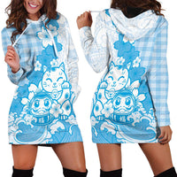 Blue Palaka Hawaiian And Japanese Hoodie Dress Maneki Neko And Sakura Bloom
