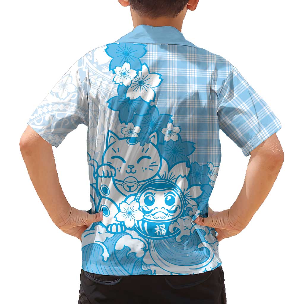Blue Palaka Hawaiian And Japanese Kid Hawaiian Shirt Maneki Neko And Sakura Bloom