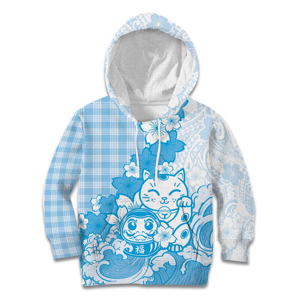 Blue Palaka Hawaiian And Japanese Kid Hoodie Maneki Neko And Sakura Bloom