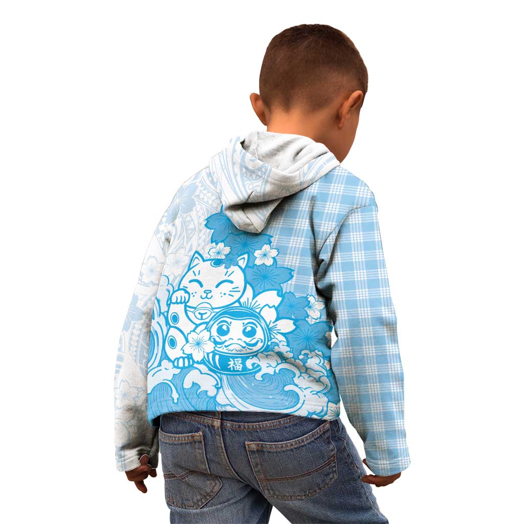 Blue Palaka Hawaiian And Japanese Kid Hoodie Maneki Neko And Sakura Bloom