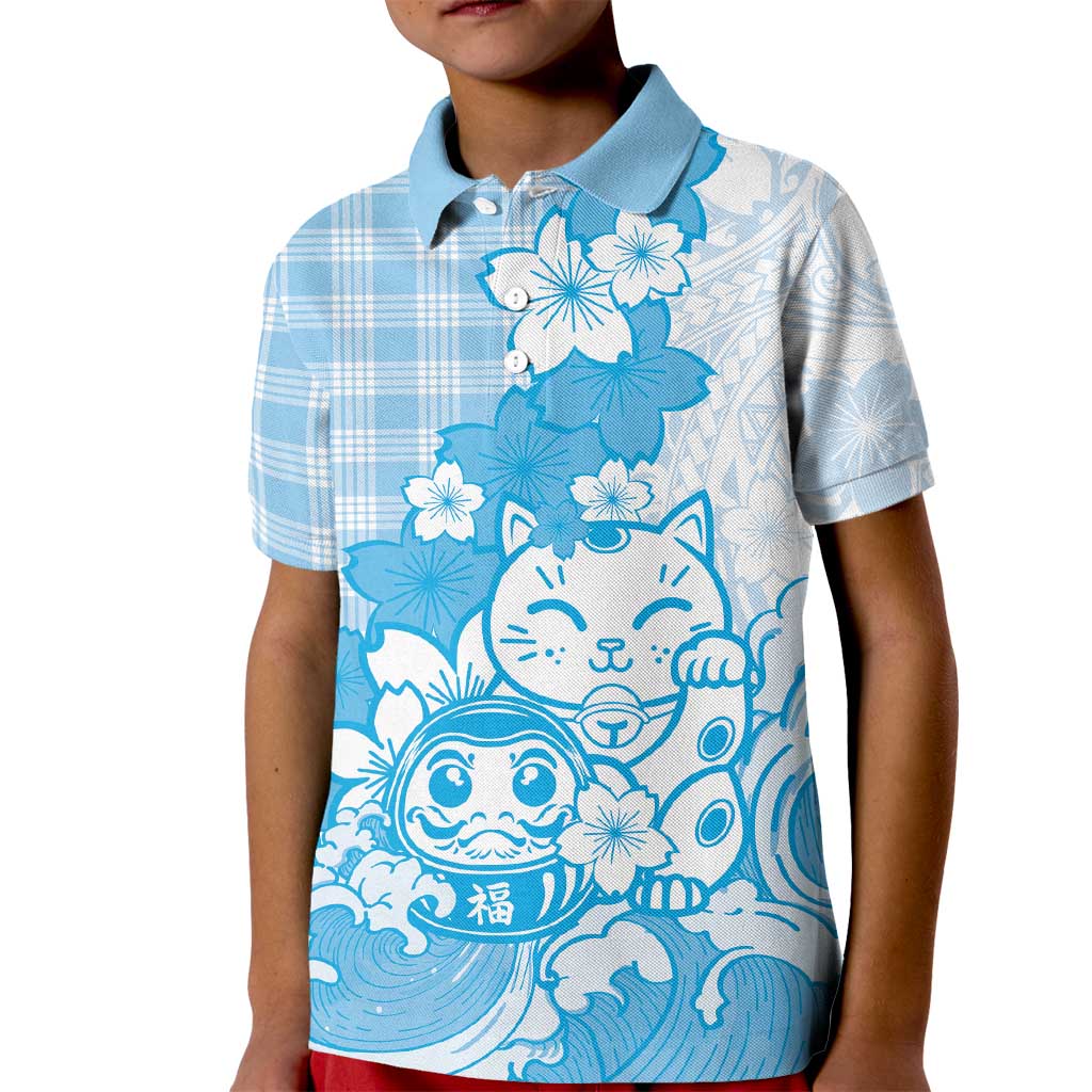 Blue Palaka Hawaiian And Japanese Kid Polo Shirt Maneki Neko And Sakura Bloom