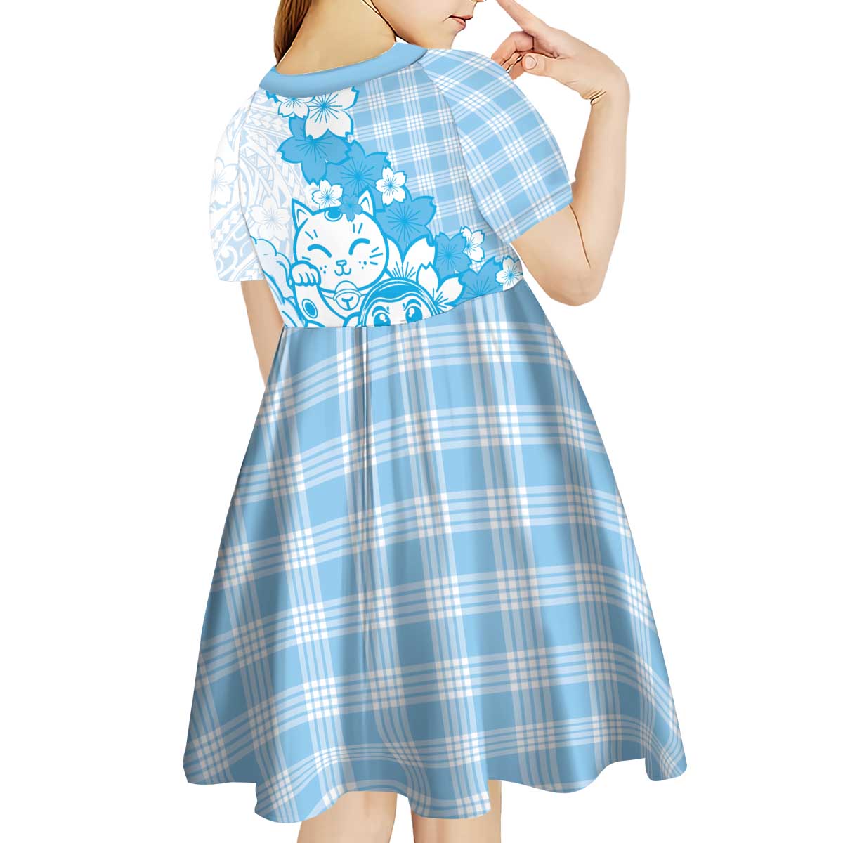 Blue Palaka Hawaiian And Japanese Kid Short Sleeve Dress Maneki Neko And Sakura Bloom