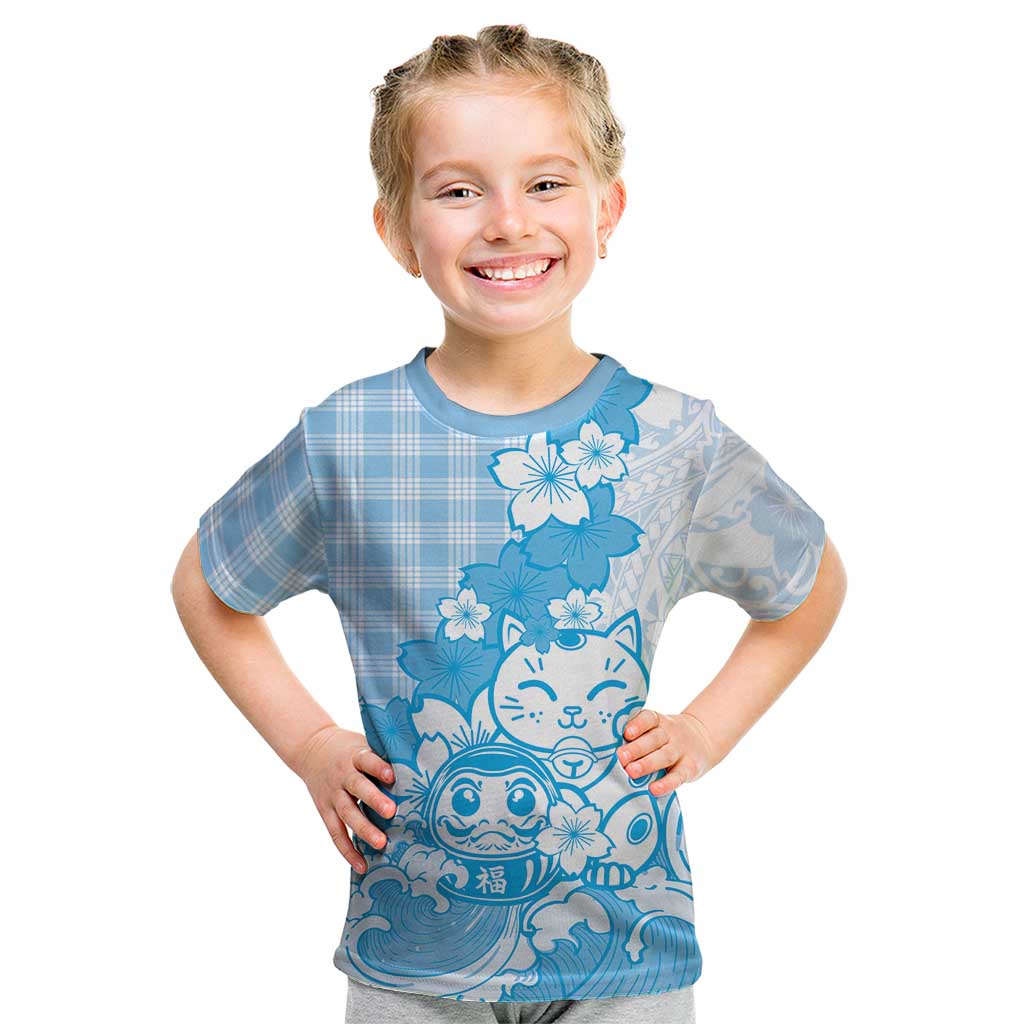 Blue Palaka Hawaiian And Japanese Kid T Shirt Maneki Neko And Sakura Bloom