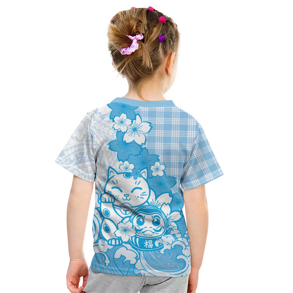 Blue Palaka Hawaiian And Japanese Kid T Shirt Maneki Neko And Sakura Bloom