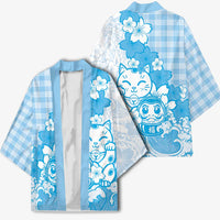 Blue Palaka Hawaiian And Japanese Kimono Maneki Neko And Sakura Bloom