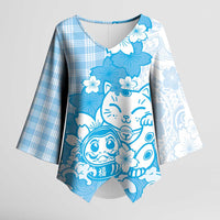Blue Palaka Hawaiian And Japanese Kimono Sleeve Blouse Maneki Neko And Sakura Bloom