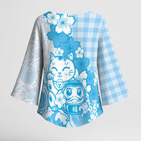 Blue Palaka Hawaiian And Japanese Kimono Sleeve Blouse Maneki Neko And Sakura Bloom