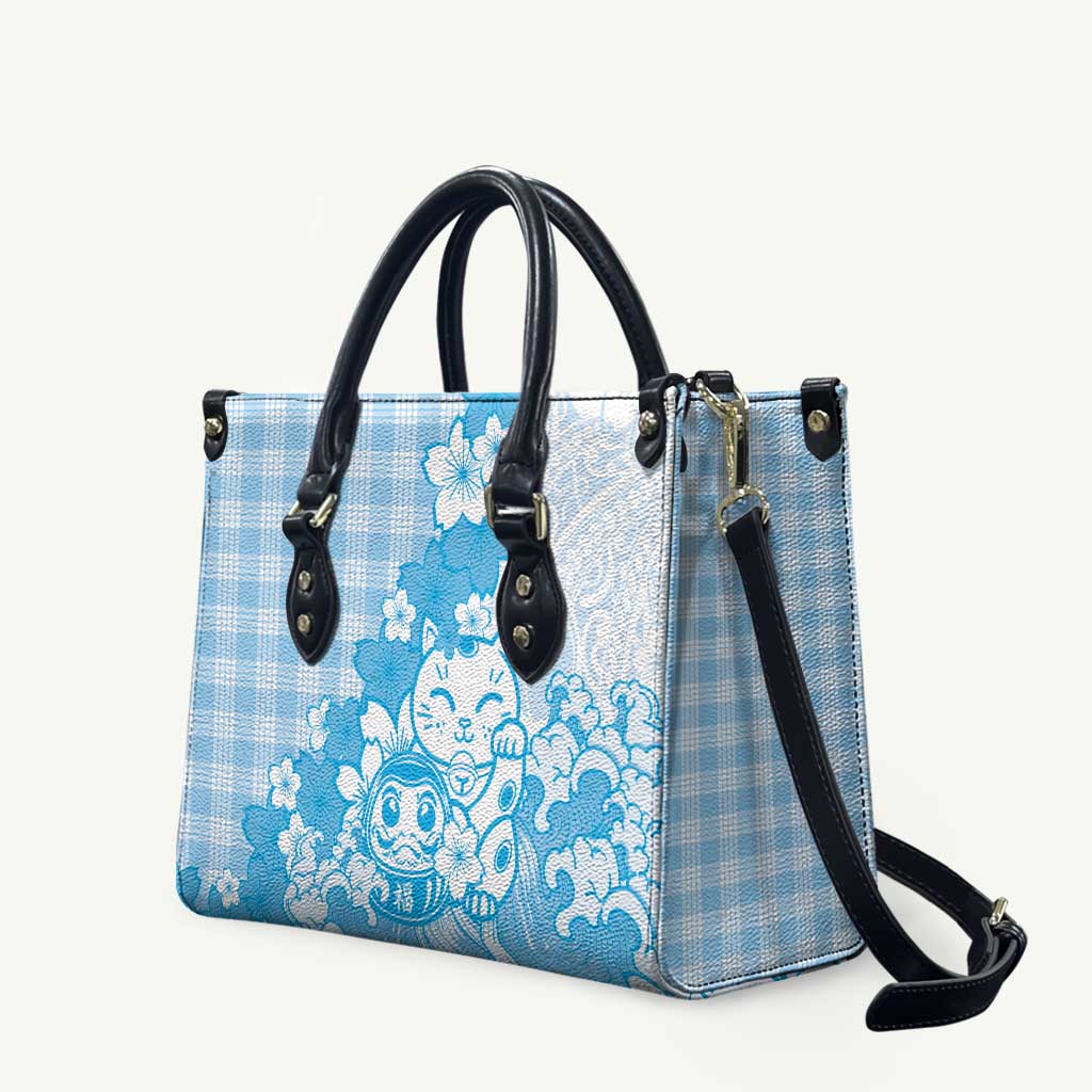 Blue Palaka Hawaiian And Japanese Leather Bag Maneki Neko And Sakura Bloom