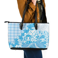 Blue Palaka Hawaiian And Japanese Leather Tote Bag Maneki Neko And Sakura Bloom