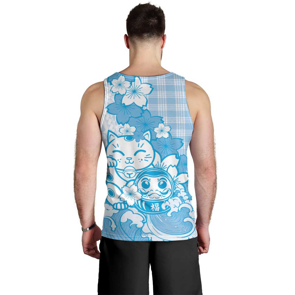 Blue Palaka Hawaiian And Japanese Men Tank Top Maneki Neko And Sakura Bloom