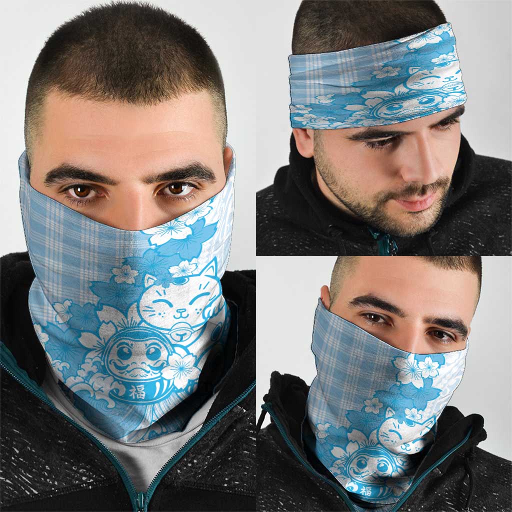 Blue Palaka Hawaiian And Japanese Neck Gaiter Maneki Neko And Sakura Bloom