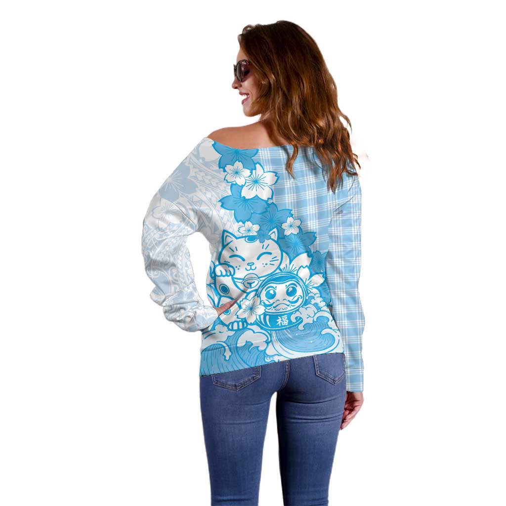 Blue Palaka Hawaiian And Japanese Off Shoulder Sweater Maneki Neko And Sakura Bloom