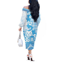 Blue Palaka Hawaiian And Japanese Off The Shoulder Long Sleeve Dress Maneki Neko And Sakura Bloom