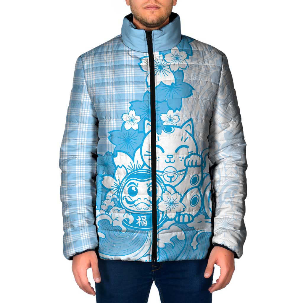 Blue Palaka Hawaiian And Japanese Padded Jacket Maneki Neko And Sakura Bloom
