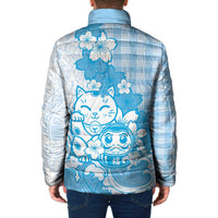 Blue Palaka Hawaiian And Japanese Padded Jacket Maneki Neko And Sakura Bloom