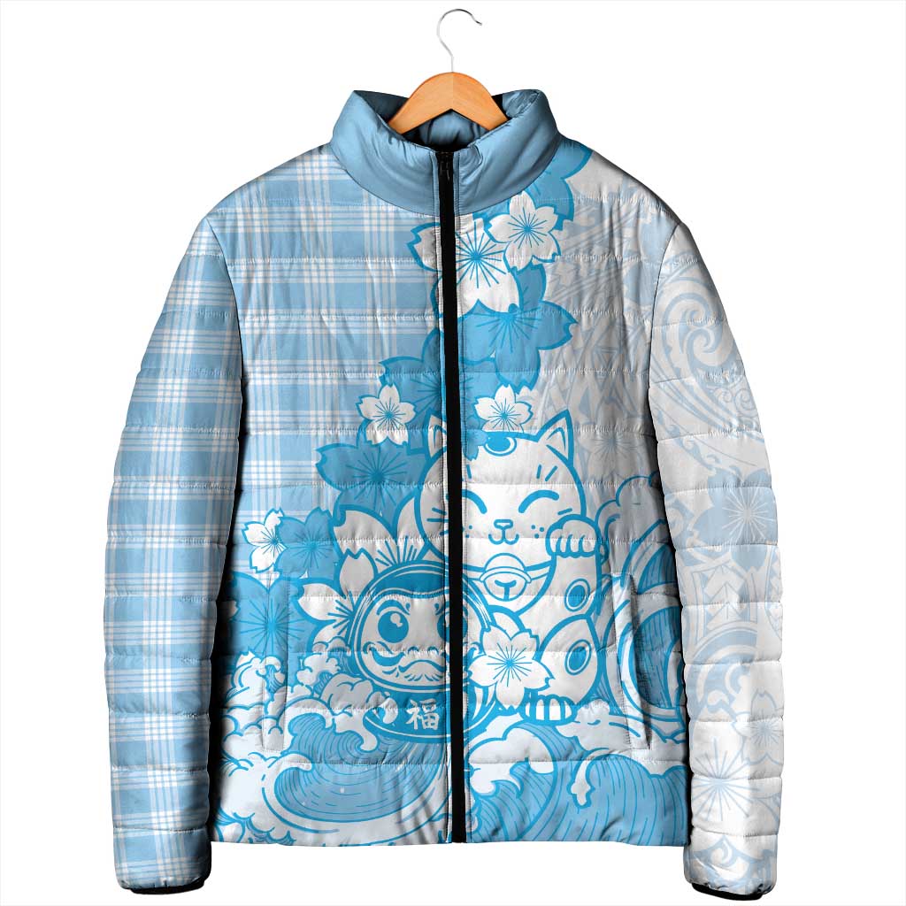 Blue Palaka Hawaiian And Japanese Padded Jacket Maneki Neko And Sakura Bloom