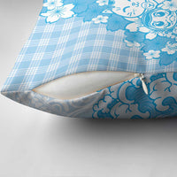 Blue Palaka Hawaiian And Japanese Pillow Cover Maneki Neko And Sakura Bloom