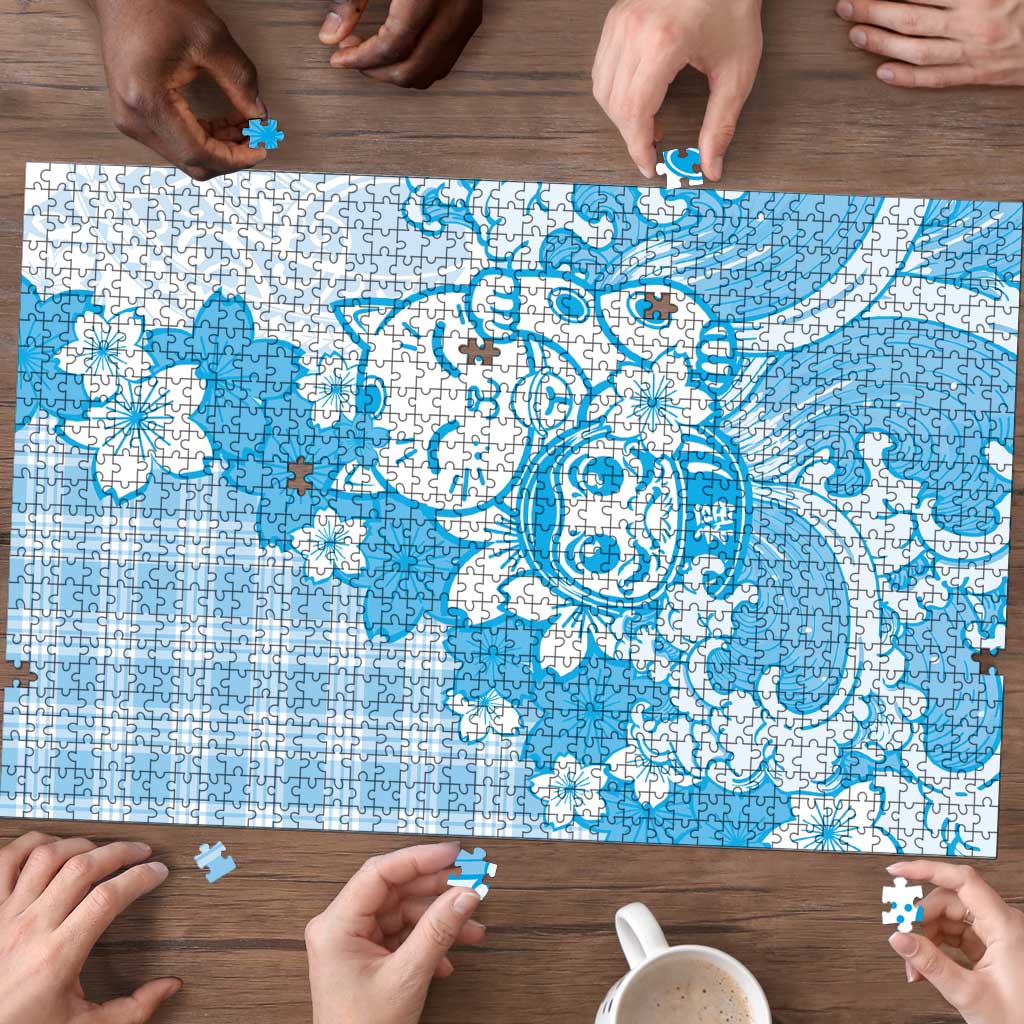 Blue Palaka Hawaiian And Japanese Puzzle Maneki Neko And Sakura Bloom