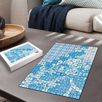 Blue Palaka Hawaiian And Japanese Puzzle Maneki Neko And Sakura Bloom