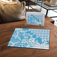 Blue Palaka Hawaiian And Japanese Puzzle Maneki Neko And Sakura Bloom