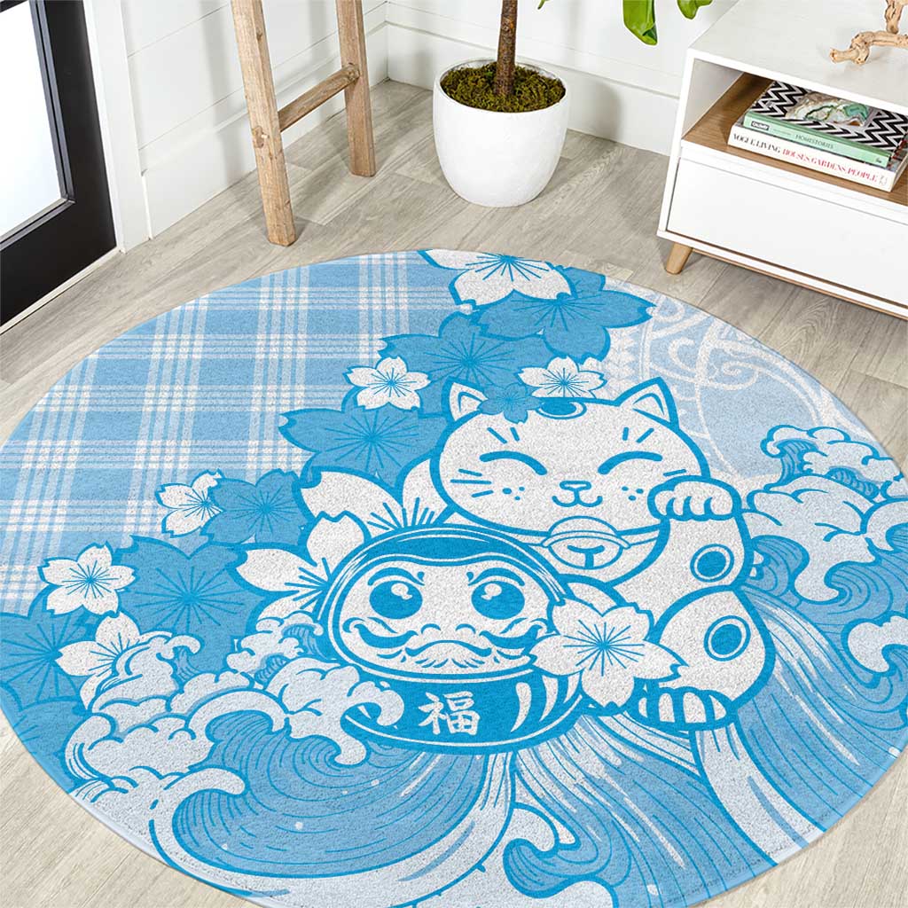 Blue Palaka Hawaiian And Japanese Round Carpet Maneki Neko And Sakura Bloom