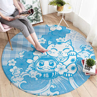 Blue Palaka Hawaiian And Japanese Round Carpet Maneki Neko And Sakura Bloom