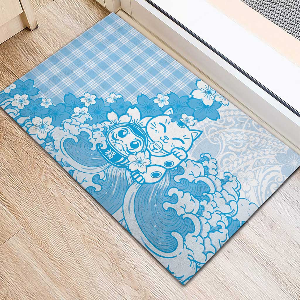 Blue Palaka Hawaiian And Japanese Rubber Doormat Maneki Neko And Sakura Bloom