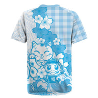 Blue Palaka Hawaiian And Japanese Rugby Jersey Maneki Neko And Sakura Bloom