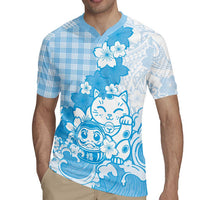 Blue Palaka Hawaiian And Japanese Rugby Jersey Maneki Neko And Sakura Bloom
