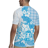 Blue Palaka Hawaiian And Japanese Rugby Jersey Maneki Neko And Sakura Bloom